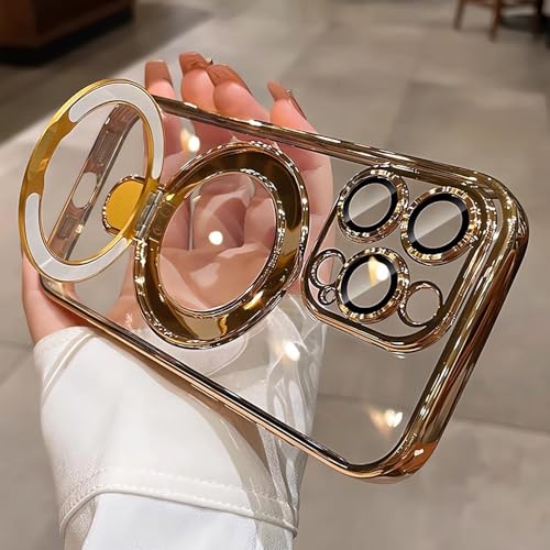 Image of Magnetic Ring Case for iPhone 16 Pro Max Case Kickstand Compatible with MagSafe Built-in Camera Lens Protector Shockproof Phone Case for iPhone 16 ProMax 6.9 inch - Clear Gold