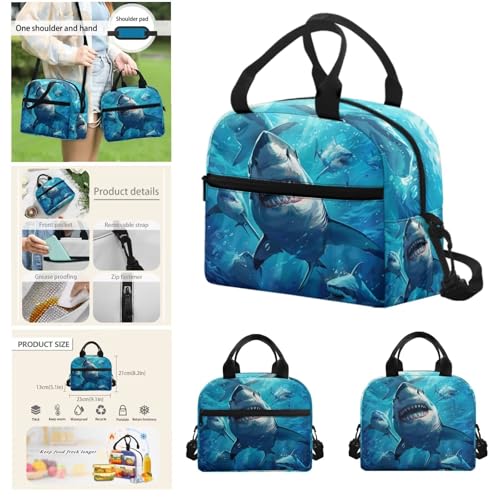 Blue Shark Bookbag and Lunch Box Set for Girls 17 Inch Tween Backpack Boys 4 In 1 Set Little Kid Elementary Student Lightweight Water Bottle Holder with Strap Large Capacity Pencil Case4