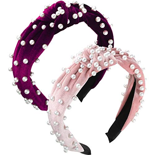 2 Pieces Pearls Headband Wide Headband Velvet Vintage Twisted Headwear for Girl Woman Hair Accessories (Wine Red, Pink)