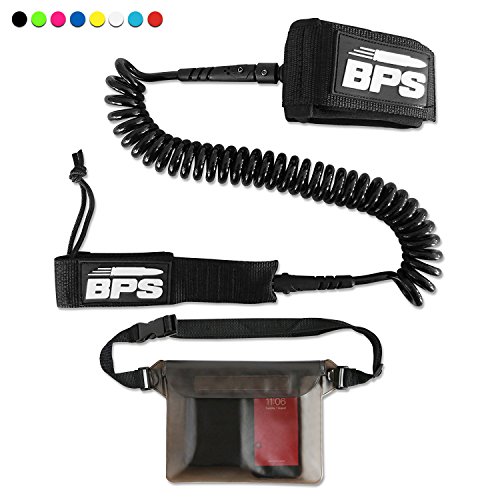 BPS 'Storm' Premium Coiled SUP Paddle Board Leash with Waterproof Waist Bag - 10 Foot Surfboard Leash with Triple Rail Savers and Double Stainless Steel Swivels (Black)