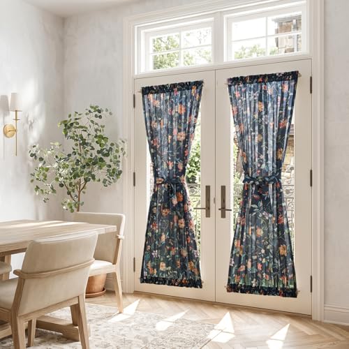 Image of jinchan Hattie Floral French Door Curtain 72 Inch Length Vintage Cottage Core Farmhouse Linen Decor for Glass Door Light Filtering 1 Panel with Tie Up Bow Rod Pocket Dark Blue