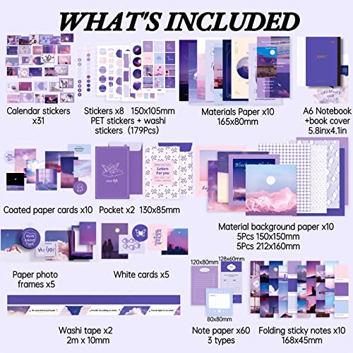Image of LCLAIDYDY EASTHILL Plastic 348 Pcs Aesthetic Scrapbook Kit,Scrapbooking Supplies Kit, Junk Journal Supplies Kit With A6 Grid Notebook,Bullet Junk Journals For Teen Girl Women (Blue)