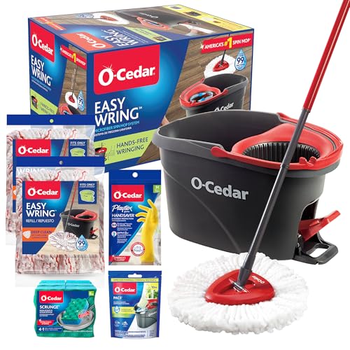 Image of O-Cedar EasyWring Spin Mop System Bundle | Cleaning Kit | Includes 3 Mop Heads (1 Standard + 2 Deep Clean), PACS 10ct, Playtex Gloves (M) & Scrunge Sponges 6ct | New Home & Apartment