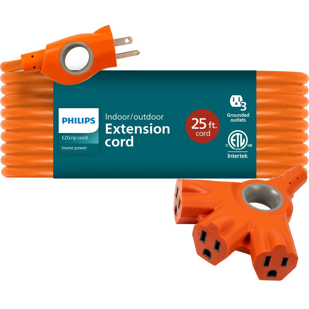 Philips EZGrip Outdoor Extension Cord with Multiple Outlets, Grounded 3 Prong Cord, Long Extension Cord Indoor with Multiple Outlets, Heavy Duty Extension Cord, 25 Ft, 16 AWG, Orange, SPC3253ZO/37-T1
