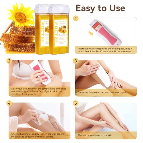 Image of Roll On Waxing Kit for Sensitive Skin - Hair Removal with 2 Honey Soft Wax Cartridges and 100 Non-Woven Wax Strips, 10 Wipes