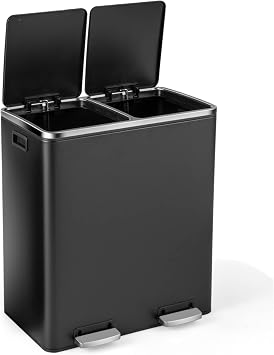 GiantexUK 60L Double Rubbish Bin, 2x30L Stainless Steel Recycling Kitchen Pedal Bin with Removable Buckets & Soft Close Lids, Dual Compartment Step on Waste Can Black