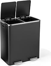GiantexUK 60L Double Rubbish Bin, 2x30L Stainless Steel Recycling Kitchen Pedal Bin with Removable Buckets & Soft Close Lids, Dual Compartment Step on Waste Can (Black)