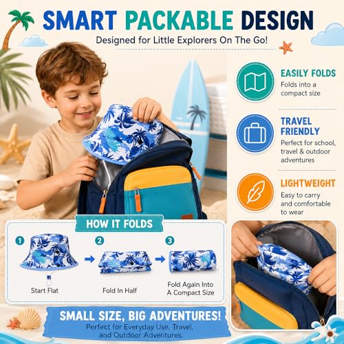 Image of VRITRAZ Unisex Kids Printed Bucket Hat | UV Protection Sun Hat with Adjustable Chin Strap & Summer Beach Travel Outdoor Cap for Toddlers & Children (4-12 Years)