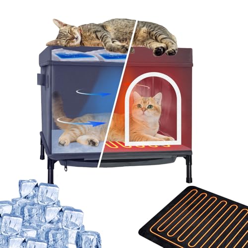 Cooling & Heated Cat Shelter for Outside - Dual Use Outdoor Cat House with Heating Pad & Fan - Air Condition Cat Mat with Ice Packs - Ideal for Stray/Feral Cats in Summer & Winter