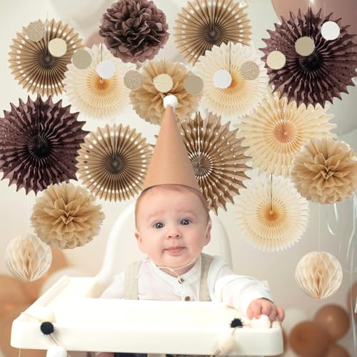 Image of Brown Party Decorations Brown and Beige Paper Fans Party Decorations Neutral Party Decorations Honeycomb Balls Beige Rustic Birthday Wedding Boho Baby Shower Brown Engagement Decor