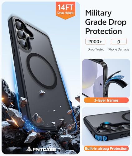 Image of FNTCASE for Samsung Galaxy S25 /S24 Case: Galaxy S24 /S25 Phone Case [Fit with Magsafe] Translucent Matte Case [Screen Protector] Military Grade Shockproof Protective Phone Cover-Black