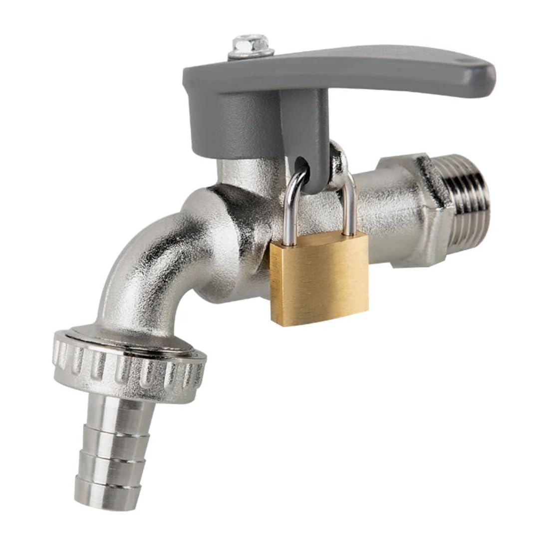 B2C Side Lock Lever Garden Tap 1/2" BSPM Inlet with Hose Barb Brass Nickle Plated Lockable