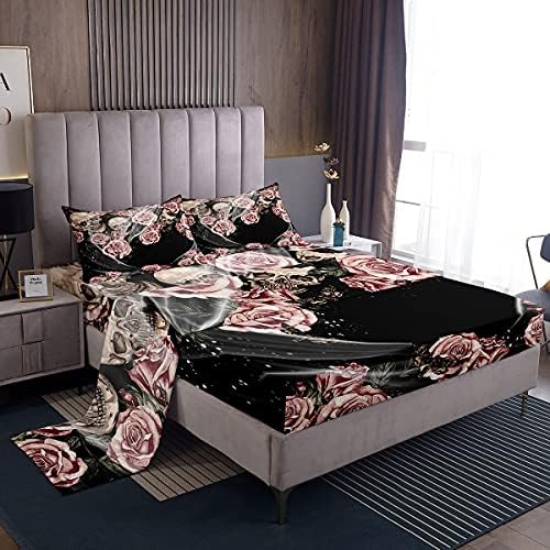 Rose Skull Fitted Sheet Gothic Skull Bedding Sheets for Kids Boys Girls Horror Skeleton Design Bed Sheet Set Bedroom Decor Retro Vintage Bed Cover With 1 Flat Sheet+ 1 Fitted Sheet+ 2 Pillowcase Queen