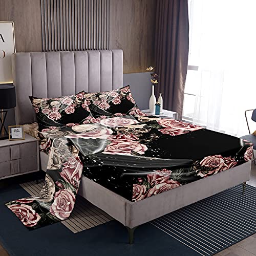 Rose Skull Fitted Sheet Gothic Skull Bedding Sheets For Kids Boys Girls Horror Skeleton Design Bed Sheet Set Bedroom Decor Retro Vintage Bed Cover With 1 Flat Sheet+ 1 Fitted Sheet+ 2 Pillowcase Queen #TOP18