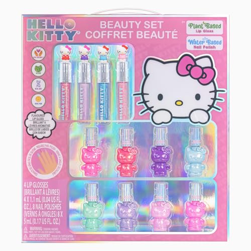 Hello Kitty Nail Polish and Lip Gloss Kids Makeup Set for Girls, Birthday Gift Parties, Sleepovers & Makeovers for Age 3+, by Townley Girl