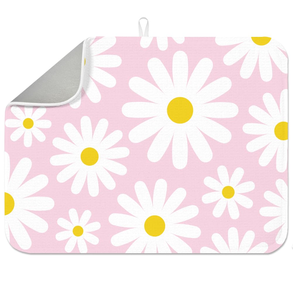 INFUNLY Daisy Dish Drying Mat 17.7x23.6 Inch Watercolour Daisy Absorbent Mat Pink Floral Dish Drying Pad Rustic Farmhouse Placemats White Flower Absorbent Pad for Table Countertop Sink Coffee Bar