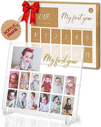 Image of LOOKEY My First Year Acrylic Baby Picture Keepsake Frame, Wall Hanging, Tabletop, Monthly Milestone, 12 month Photos, Nursery Décor, First Birthday Monthly Photo Collage, Baby Shower, New Mom Gift