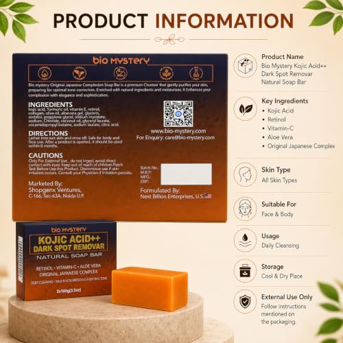 Image of Kojic Acid Natural Soap Bars (2-Pack) | Japanese-Inspired Skin Brightening Soap with Kojic Acid, Vitamin C, Retinol, Aloe & Turmeric - 2 x 100 g