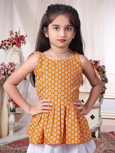 Image of Girls Ethnic Printed Peplum Top and White Dhoti Pant Set | Stylish Sleeveless Kurti with Comfortable Bottom | Traditional Festive Outfit for Kids
