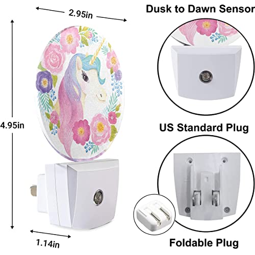 Image of Girl Unicorn Plug in Night Light Cute Animal Unicorn with Rainbow Hair Spring Flowers Leaf Nightlight Dusk to Dawn Sensor LED Lighting for Bedroom Bathroom 0.5W Sleep Friendly