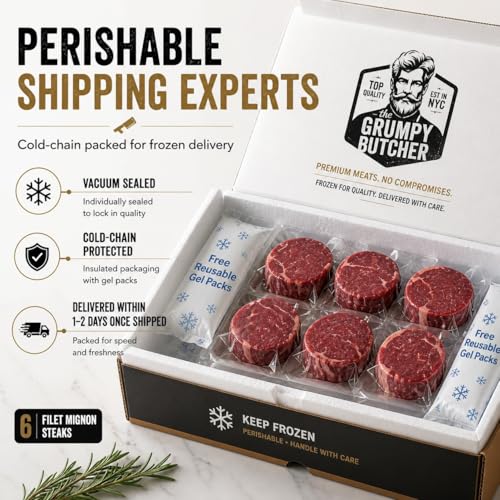 Image of Grumpy Butcher Large Filet Mignon Steaks, 6 Pack, 3 lb | 8 oz Each, USDA Top Choice, tender beef tenderloin, mild buttery flavor
