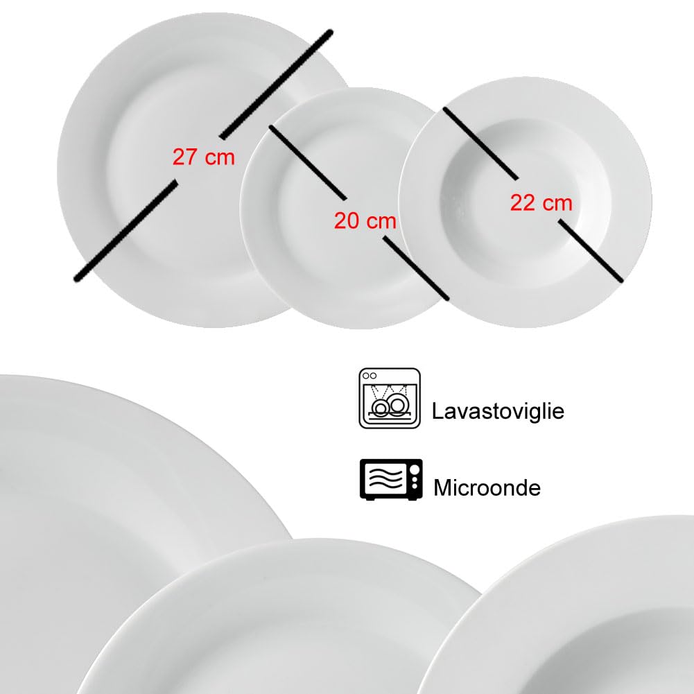 Shally Dogan Servicio de platos de 18 piezas de porcelana de mesa para 6 personas, juego compuesto por 6 platos llanos, 6 hondos, 6 dulces y frutas, diseño moderno liso (blanco)