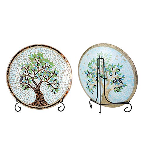 15" Round Mosaic Glass Decorative Charger Plate with Stand Tree Pattern - Thumbnail 3