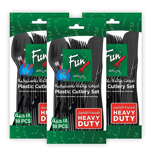 Fun Promopack Heavy-Duty Black Cutlery Set Spoons - Knives & Forks set - Disposable Cutlery Set (Pack of 18 X 3)