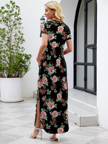 Image of Heymoments Womens Summer Maxi Dress Short Sleeve Casual Loose Long T Shirt Split Vacation Beach Sundress with Pockets