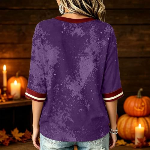 Halloween Costume Halloween Shirts for Women V Neck Festive Autumn Tops 3/4 Sleeve Length Blouse Clothing Purple Large - image 3