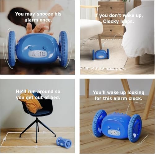 Image of CLOCKY Alarm Clock on Wheels - Loud Rolling Alarm Clock for Heavy Sleepers | Runaway Clock that Jumps & Runs to Wake You Up | Funny Unique Gift for Adults, Teens & Kids Bedrooms(Blue)