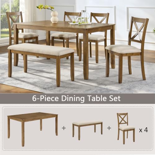 Image of Harper & Bright Designs Complete 6-Piece Oak Dining Set -58.5 inch Rectangular Table + 4 X-Back Chairs + Upholstered Bench,Solid Rubberwood Frame,Farmhouse Style,Seats 6