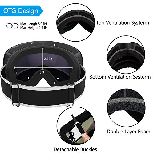 Ski Goggles for Men Adult Women, OTG Snowboard Goggles with 220º Spherical Anti-Fog Lens, S2/S3 Snow Goggles 100% UV400 Protection Breathable Durable Flexible for Skiing Snowboarding