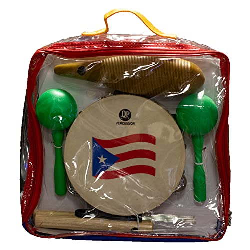 Image of DP Music Parranda Kit Percussion with Carrying Bag - Puerto Rico Flag 8 Inches Tambourine - Claves - Plastic Güiro & Maracas (Maracas Green)