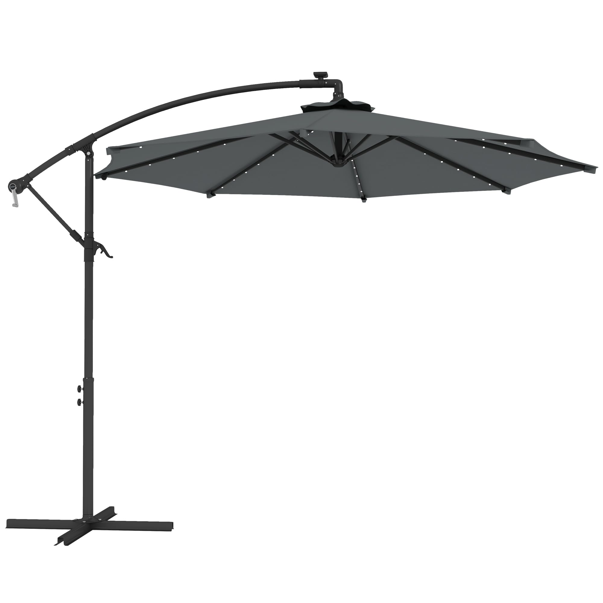 Outsunny Parasol Excéntrico Ø 294 cm Sombrilla de Jardín con 32 Luces LED Solares Base Cruzada Manivela Ventilación Superior Funda para Sombrilla Anti-UV 30+ para Terraza Patio Gris Oscuro