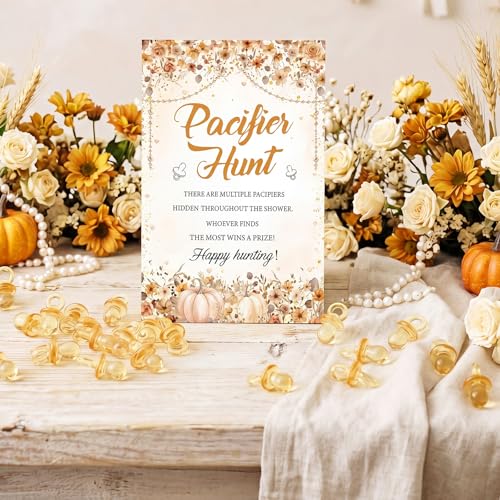 Image of Thyle 51 Pcs Wildflower Fall Little Pumpkin Pacifier Hunt Baby Shower Games Falling in Love for Baby Game Decoration Include Hunt Sign and Acrylic Pacifiers Gift Sets for Gender Reveal Party Decor
