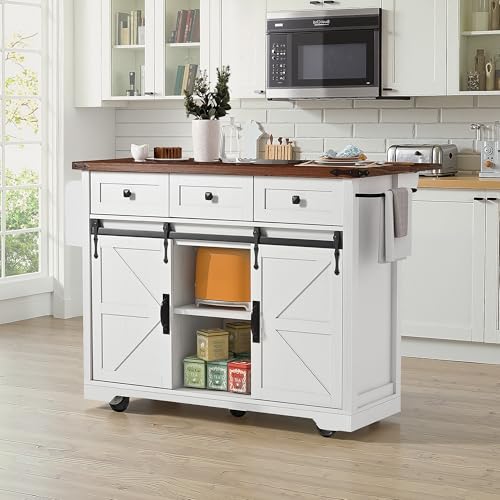 GDFStudio 53.7" Farmhouse Kitchen Island with Power Outlet,Drop Leaf,Sliding Barn