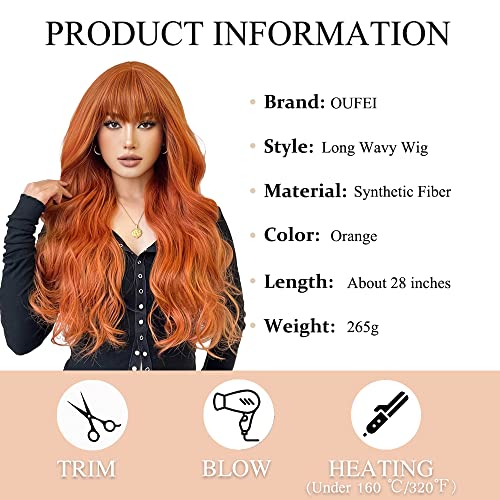 OUFEI Long Wavy Orange Wigs With Bangs for Women Natural Synthetic Hair Heat Resistant Wigs for Daily Party Cosplay Wear-28 Inches - Image 2