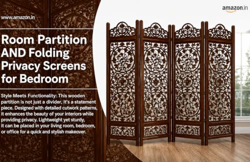 Image of Handcrafted Wooden Room Divider 4 Panel Foldable Privacy Screen, Carved Decorative Partition for Living Room, Bedroom, Office, Home Decor, Brown Finish, (72 x 80 Inch)
