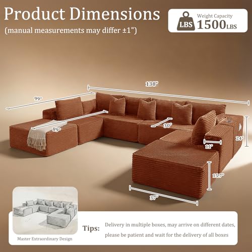 Image of 138 inch Cloud Sectional Couch, Comfort U Shaped Sofa for Living Room, Extra Deep Seats No Assembly, Minimalist Modular Couch, Corduroy (Deep Orange, 8 Seats,U-Shape A)