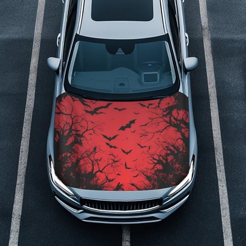 Image of Bat Print Car Hood Cover All Weather Protection Automotive Exterior Accessories Universal Fit Hood Covers for Cars, Trucks, SUV, or Van Full Coverage Halloween Decor