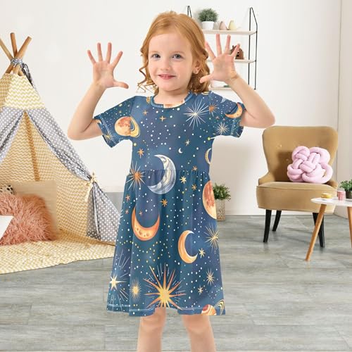 Colorful Stars Moons Planets Blue Toddler Dresses for Girls 2t Short Sleeve Easter Spring Dress Little Girl Dress4