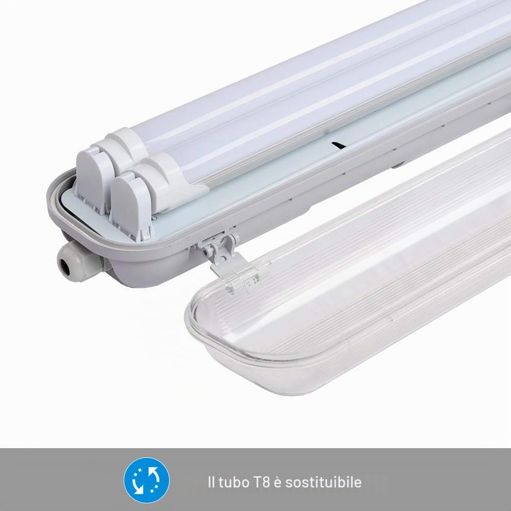 Sonnewelt Reglette LED Garage 150 cm Impermeabile 8 Unità 24 W 4800 LM IP65 2 x T8 Tubo, Bianco Freddo 6000 K, Plafoniera per Officina, Sotto