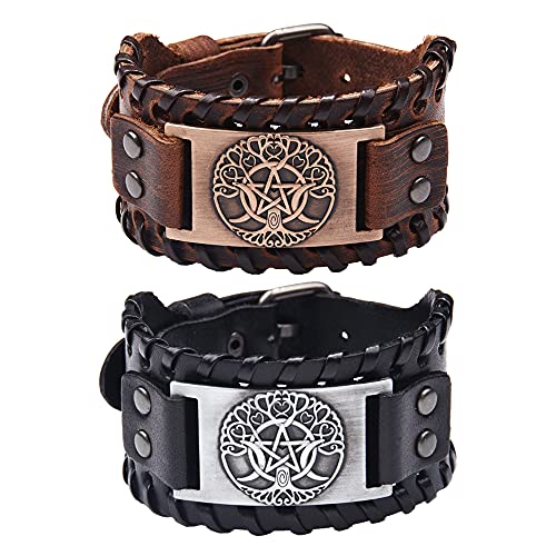 TURTLEDOVE 2 PCS Viking Tree of Life Leather Bracelet - Triple Moon Wristband of Pagan Amulet