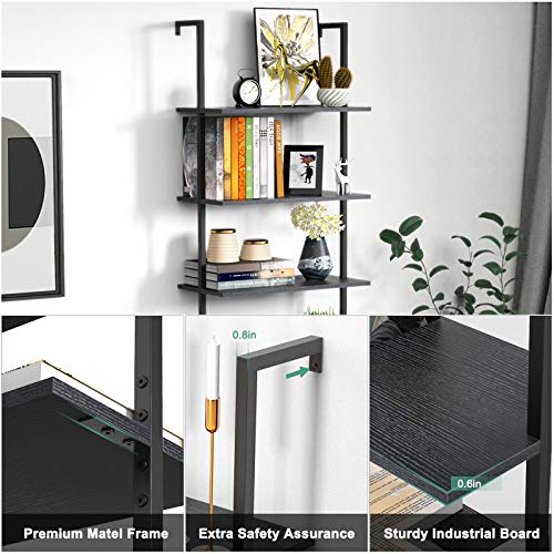 Ladder Shelf Bookshelf, 5 Tier Wall-Mounted Industrial Ladder Bookcase Wood Look Plant Flower Storage Stand Organizer Utility Storage Rack for Living Room, Kitchen, Office (Black Walnut)