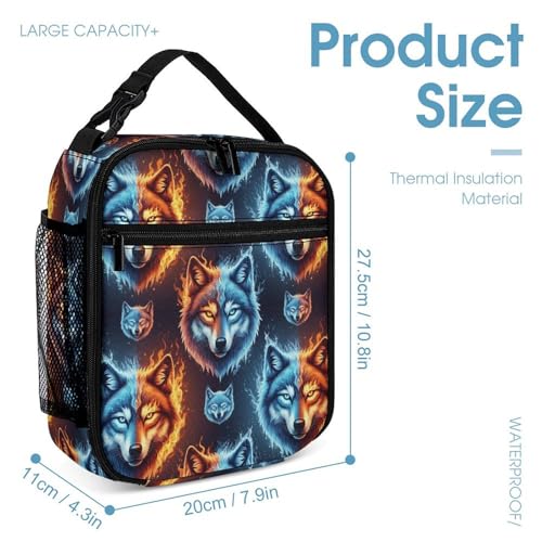 Backpack Bookbag Set Blue Red Fire Wolf Animal Backpack with Lunch Bags and Makeup Bag Shoulder Bag with Lunch Box Storage Bags4