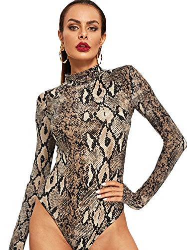 MakeMeChic Women's Pullover Snakeskin Tops Bodysuit Long Sleeves Jumpsuit Multi L