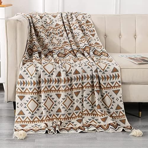ESPFHN Bohemian Knitted Throw Blanket Nordic Style Throw with Tassels, Acrylic Knitted Throw Decorative for Sofa Chair Bed Couch Settee, Warm Thick Armchair Cover Soft Blanket 127*152cm(Blue)