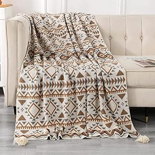 ESPFHN Bohemian Knitted Throw Blanket Nordic Style Throw with Tassels, Acrylic Knitted Throw Decorative for Sofa Chair Bed Couch Settee, Warm Thick Armchair Cover Soft Blanket 127 * 152cm(Beige)