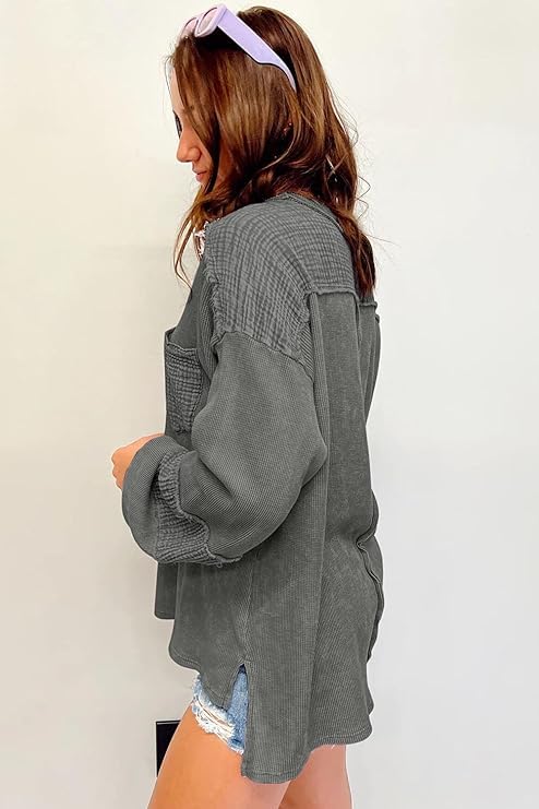 Image of Waffle Knit Long Sleeve Oversized Sweatshirt for Women Exposed Seam Patchwork Side Slit Pullover Sweaters for Women Fall Tops
